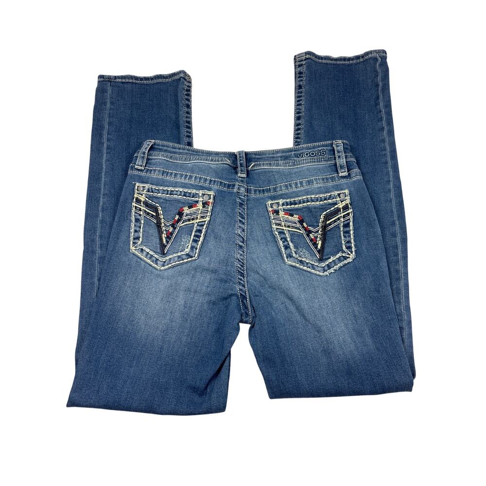 Vigoss Straight Jeans Womens 10 Blue Embellished Mid Wash Faded Stretch Denim